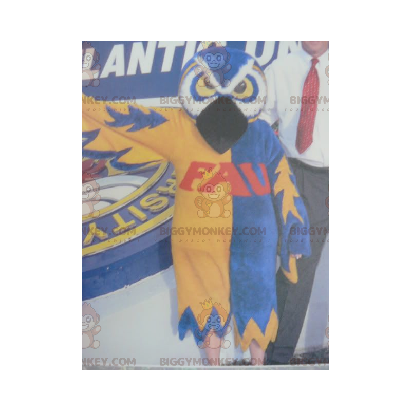 Disfraz de mascota BIGGYMONKEY™ de búho azul, blanco y amarillo