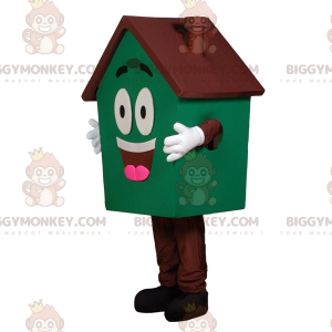 Πολύ χαμογελαστή στολή μασκότ με πράσινο και καφέ Giant House