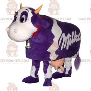 Costume de mascotte BIGGYMONKEY™ de la vache Milka blanche et