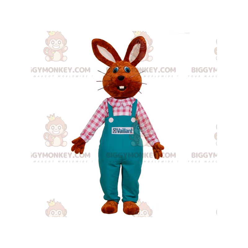 Bunny BIGGYMONKEY™ maskotkostume klædt i overalls. Farmer
