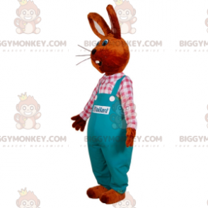 Bunny BIGGYMONKEY™ mascot costume dressed in overalls. Farmer
