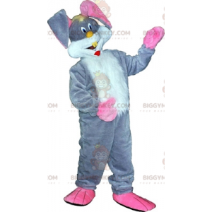 BIGGYMONKEY™ mascotte kostuum grijs wit en roze konijn.