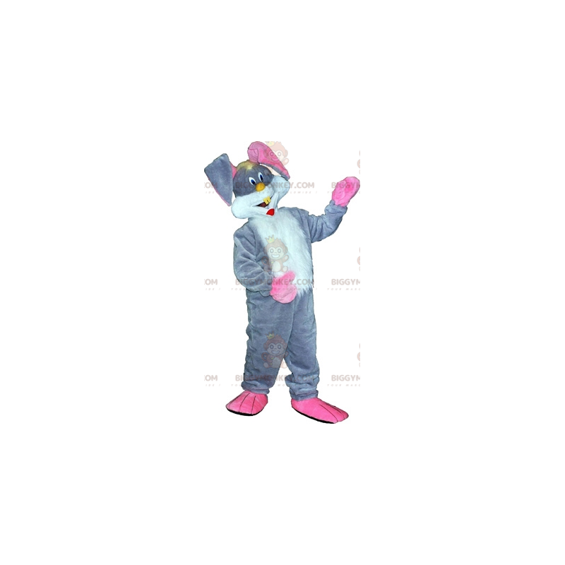 BIGGYMONKEY™ mascot costume gray white and pink rabbit. bunny