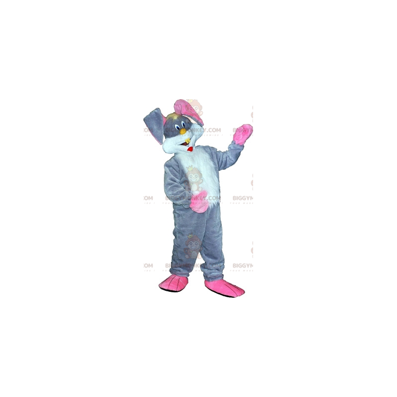 Costume de mascotte BIGGYMONKEY™ de lapin gris blanc et rose.