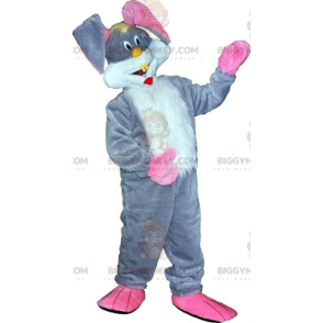 BIGGYMONKEY™ mascot costume gray white and pink rabbit. bunny