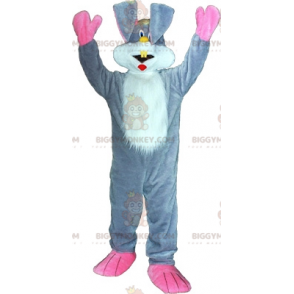 Costume de mascotte BIGGYMONKEY™ de lapin gris blanc et rose.