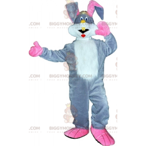 Traje de mascote BIGGYMONKEY™ cinza branco e coelho rosa.