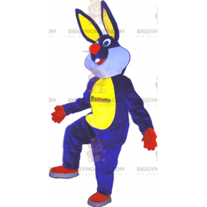 Kostium maskotka niebiesko-żółty czerwono-biały królik