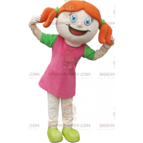 BIGGYMONKEY™ Rotschopf-Mädchen-Maskottchen-Kostüm in Rosa mit