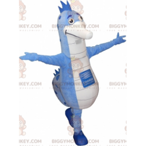 Traje de mascote azul e branco de cavalo marinho BIGGYMONKEY™.