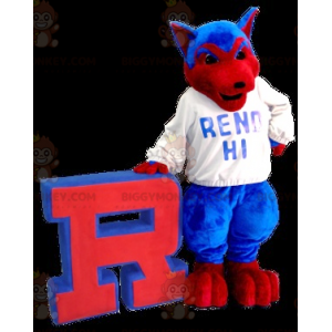 Costume de mascotte BIGGYMONKEY™ de chien de loup bleu et rouge