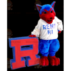 Costume de mascotte BIGGYMONKEY™ de chien de loup bleu et rouge