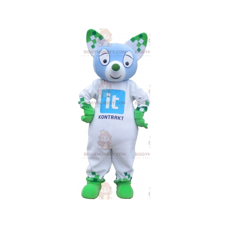 Blue and Green Cat BIGGYMONKEY™ Mascot Costume. Green Animal