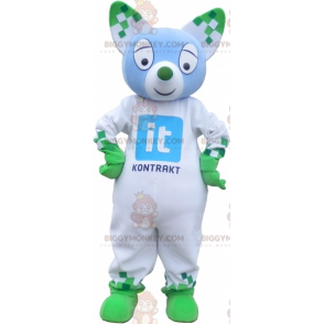 Μπλε και πράσινη στολή μασκότ γάτας BIGGYMONKEY™. Πράσινη στολή