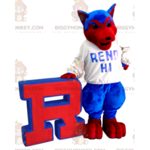 Costume de mascotte BIGGYMONKEY™ de chien de loup bleu et rouge
