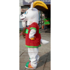 Fantasia de mascote BIGGYMONKEY™ de cabra branca e amarela.