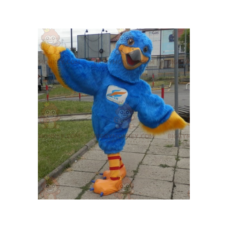 Traje de mascote de águia azul e amarela BIGGYMONKEY™. Traje de