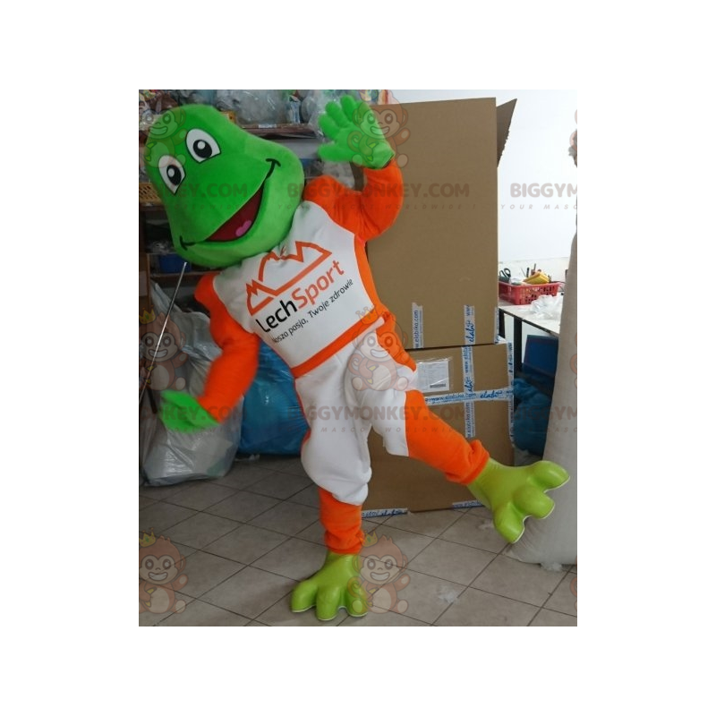 Kostým maskota zelené žáby BIGGYMONKEY™ v bílé a oranžové –