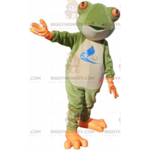 Kostým maskota oranžově bílé a zelené žáby BIGGYMONKEY™ –