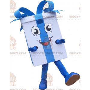 Weißes Geschenk BIGGYMONKEY™ Maskottchen-Kostüm mit blauem Band