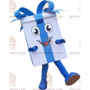 Wit geschenk BIGGYMONKEY™ mascottekostuum met blauw lint -
