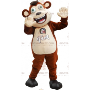 Disfraz de mascota mono marrón y blanco con ojos verdes