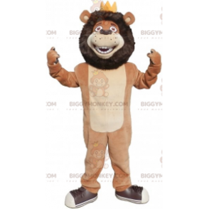 BIGGYMONKEY™ maskotkostume sort beige og hvid løve med krone -