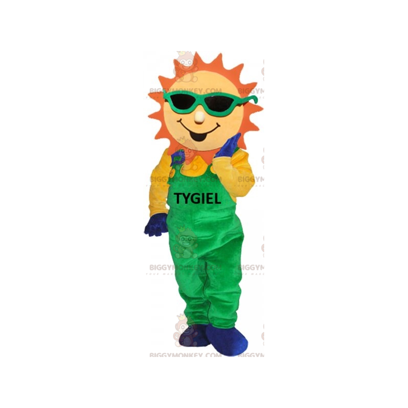 Sun BIGGYMONKEY™ Mascot Costume Dressed in Green Overalls -