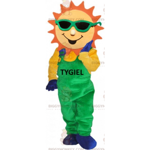 Sun BIGGYMONKEY™ Mascot Costume Dressed in Green Overalls –