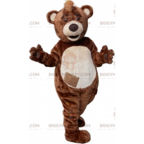 Bruin en wit teddy BIGGYMONKEY™ mascottekostuum met embleem -