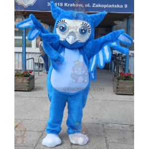 BIGGYMONKEY™ maskottipuku jättiläinen sininen pöllö isoilla