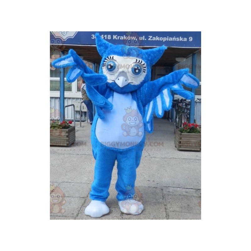 BIGGYMONKEY™ maskottipuku jättiläinen sininen pöllö isoilla