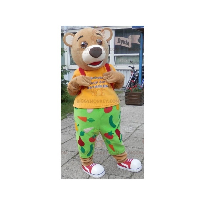 Bear BIGGYMONKEY™ mascot costume in green and yellow outfit.