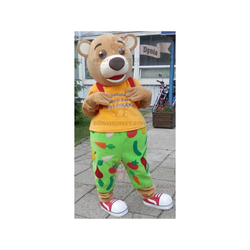 Björnen BIGGYMONKEY™ maskotdräkt i grön och gul outfit.