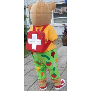 Bär BIGGYMONKEY™ Maskottchenkostüm im grün-gelben Outfit.