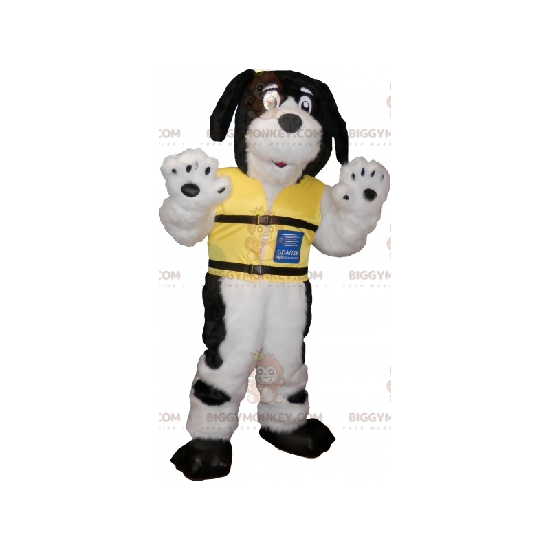BIGGYMONKEY™ Maskotdräkt Svart och vit hårig hund med gul väst