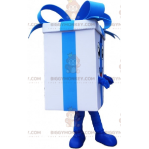 Gigantisch wit geschenk BIGGYMONKEY™ mascottekostuum met blauw