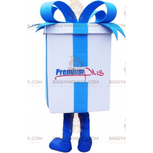 Giant White Gift BIGGYMONKEY™ Mascot Costume with Blue Ribbon -