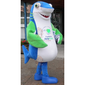 Costume de mascotte BIGGYMONKEY™ de requin bleu blanc et vert