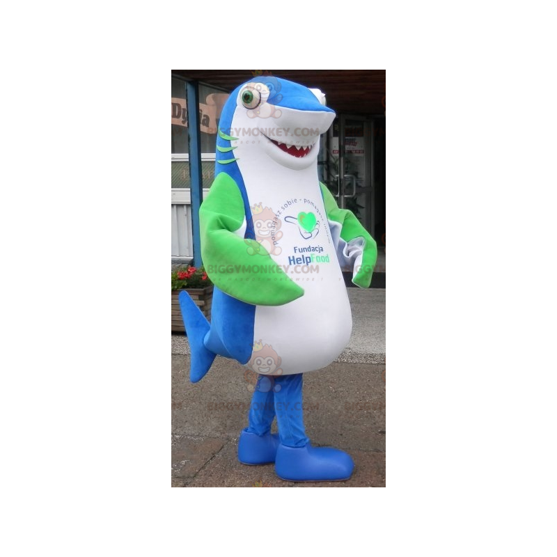 Costume da mascotte BIGGYMONKEY™ squalo blu bianco e verde