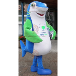 Costume de mascotte BIGGYMONKEY™ de requin bleu blanc et vert