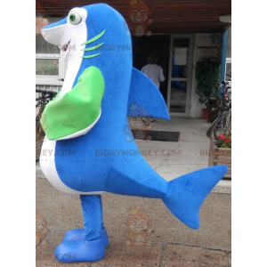 Costume de mascotte BIGGYMONKEY™ de requin bleu blanc et vert