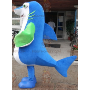 Costume de mascotte BIGGYMONKEY™ de requin bleu blanc et vert