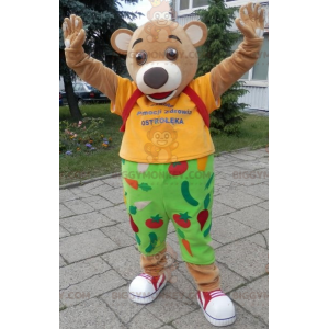 BIGGYMONKEY™ mascottekostuum van bruine beer gekleed in geel en