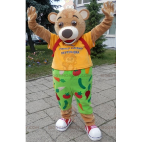 BIGGYMONKEY™ Mascot Costume of Tan Bear Dressed in Yellow and