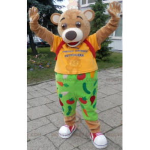 BIGGYMONKEY™ mascottekostuum van bruine beer gekleed in geel en