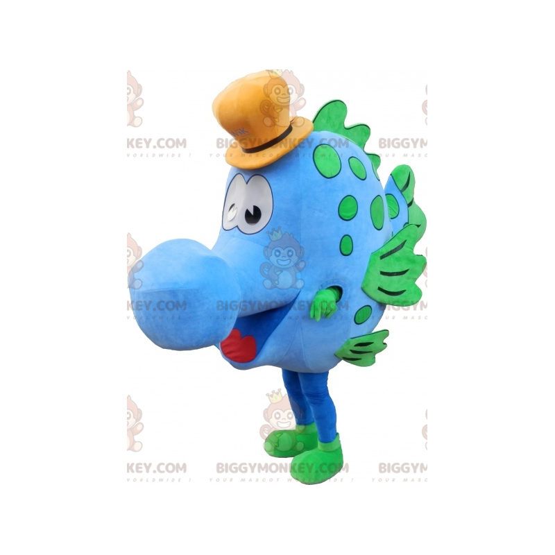 Kostým maskota modré a zelené ryby BIGGYMONKEY™ s kloboukem –