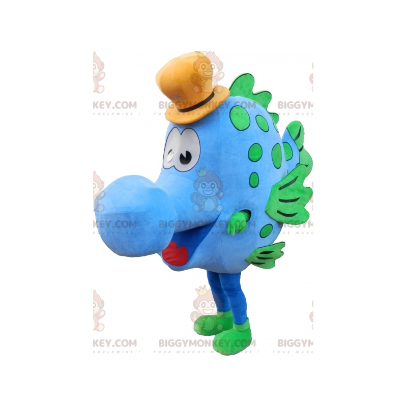 Traje de mascote de peixe azul e verde BIGGYMONKEY™ com chapéu