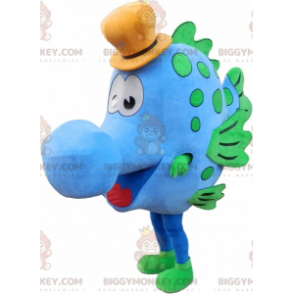 Blauwe en groene vis BIGGYMONKEY™ mascottekostuum met hoed -