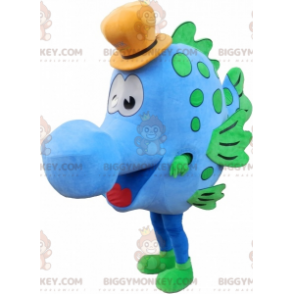 Traje de mascote de peixe azul e verde BIGGYMONKEY™ com chapéu
